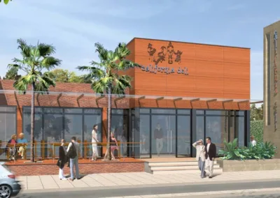 A rendering of the exterior of a restaurant.