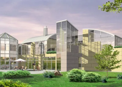 A 3d rendering of a large glass house.