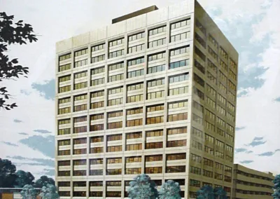 An artist's rendering of a large building.
