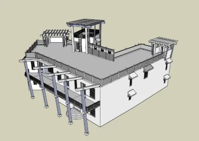 A 3d model of a building with a roof.