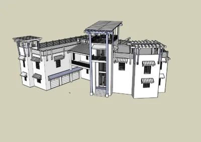 A 3d model of a house with a balcony.