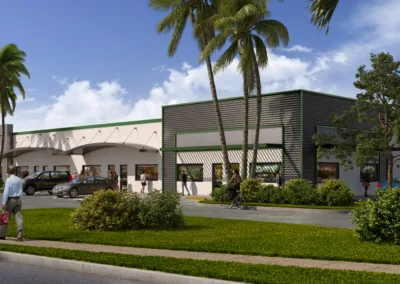 An artist's rendering of a shopping center with palm trees.