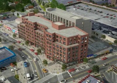 An aerial view of a building in the city.