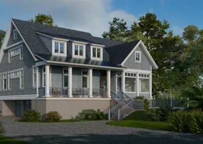 A rendering of a home with a front porch.