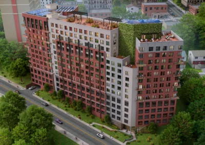 An artist's rendering of an apartment building.