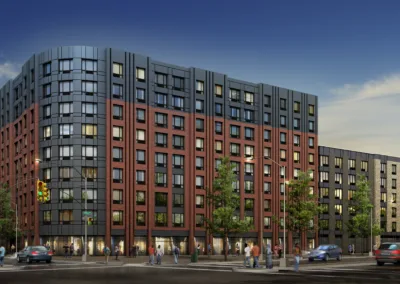 An artist's rendering of an apartment building.