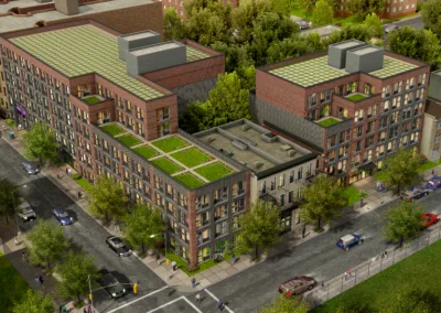 A rendering of an apartment building with a green roof.