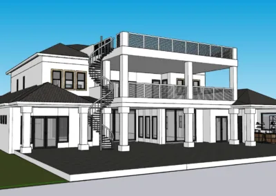 3d rendering of a two-story modern house with a balcony, external staircase, and flat roofs.
